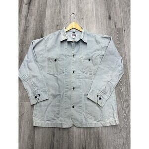 Vintage 80s Work Wear Blue Pin Striped Carpenter Chore Jacket Size L/XL